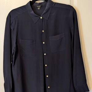 Ann Taylor 100% Silk Navy Button Down Blouse -Size LP